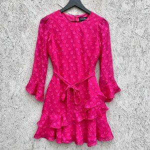 SALONI Marissa Dot Ruffle Trim Tie Waist Silk Blend Mini Dress Sz 0 Fuchsia